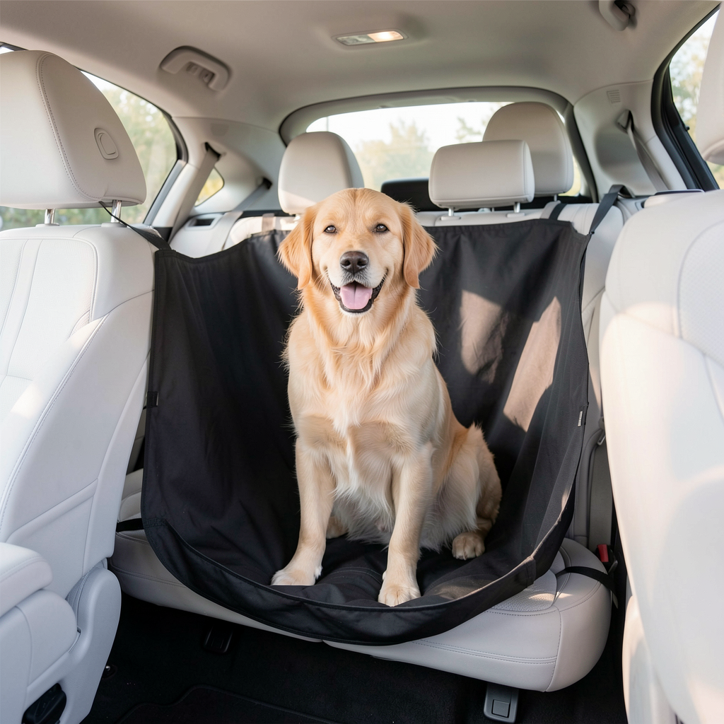 Happy dog in back seat with Active Pets hammock-style cover