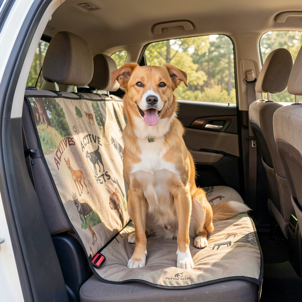 Happy dog on Active Pets cover in a clean car