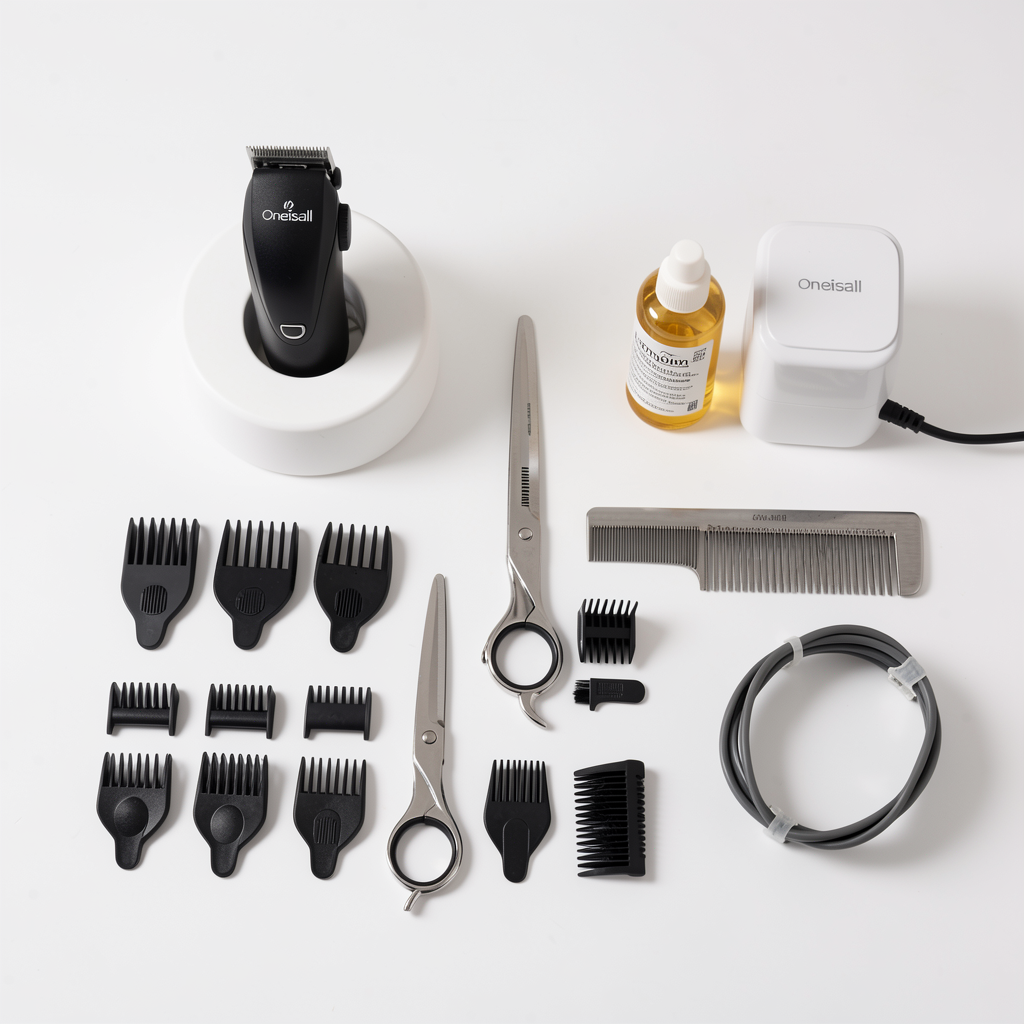 Flat-lay of Oneisall grooming kit with accessories