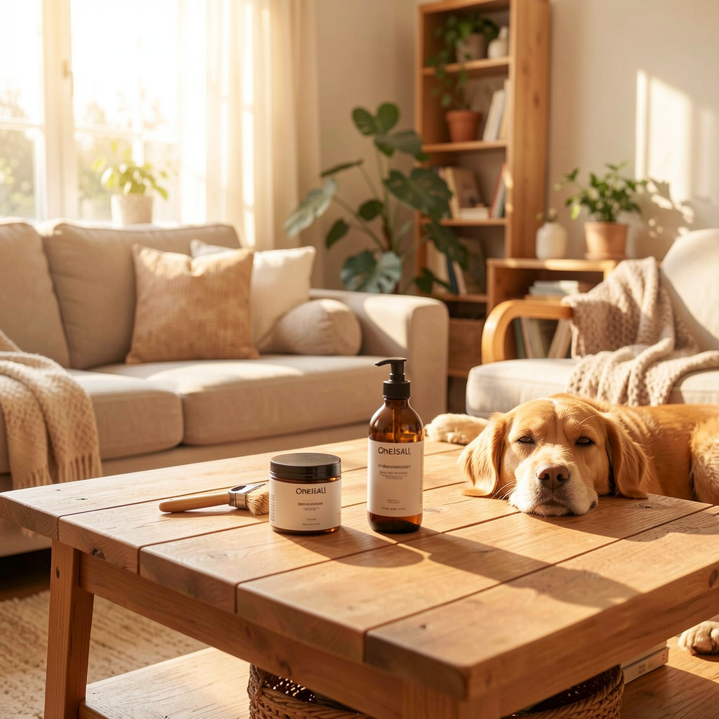 Freshly groomed dog with owner at home