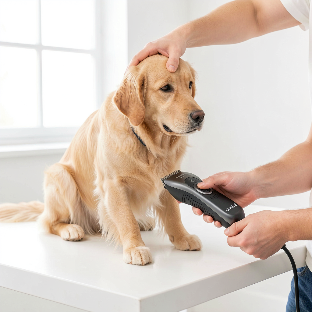 Owner using cordless clipper on dog at home