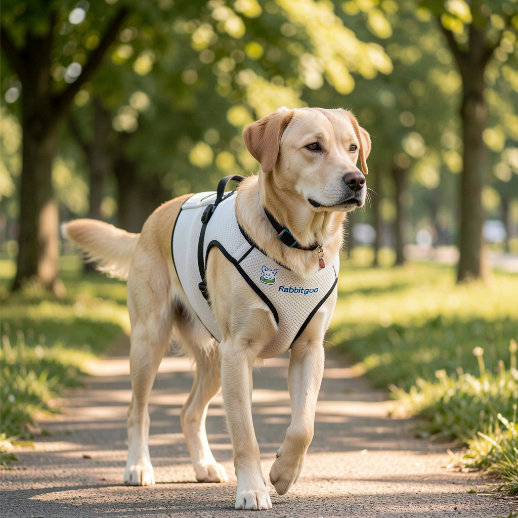 Dog wearing rabbitgoo harness on walk