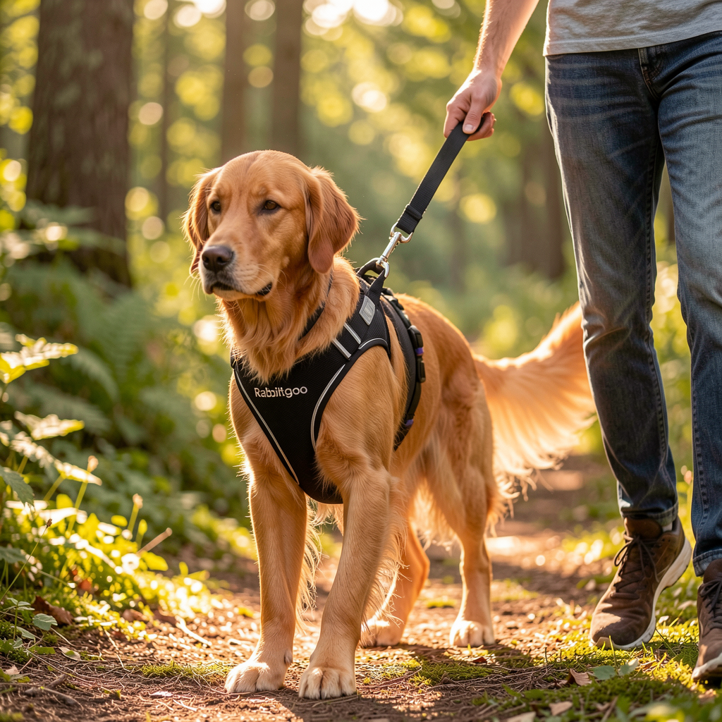 Happy dog with rabbitgoo harness on forest path