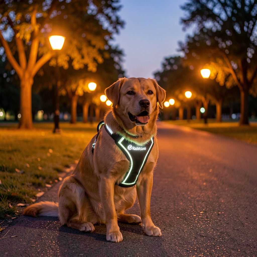 Dog with reflective harness at dusk