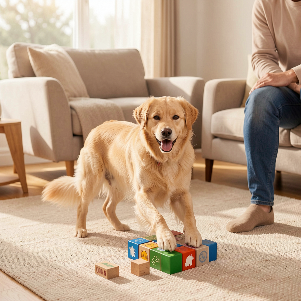 Dog and owner playing with the Dog Brick indoors