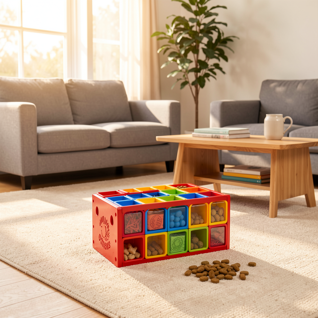 Dog solving the Nina Ottosson Dog Brick puzzle in a living room