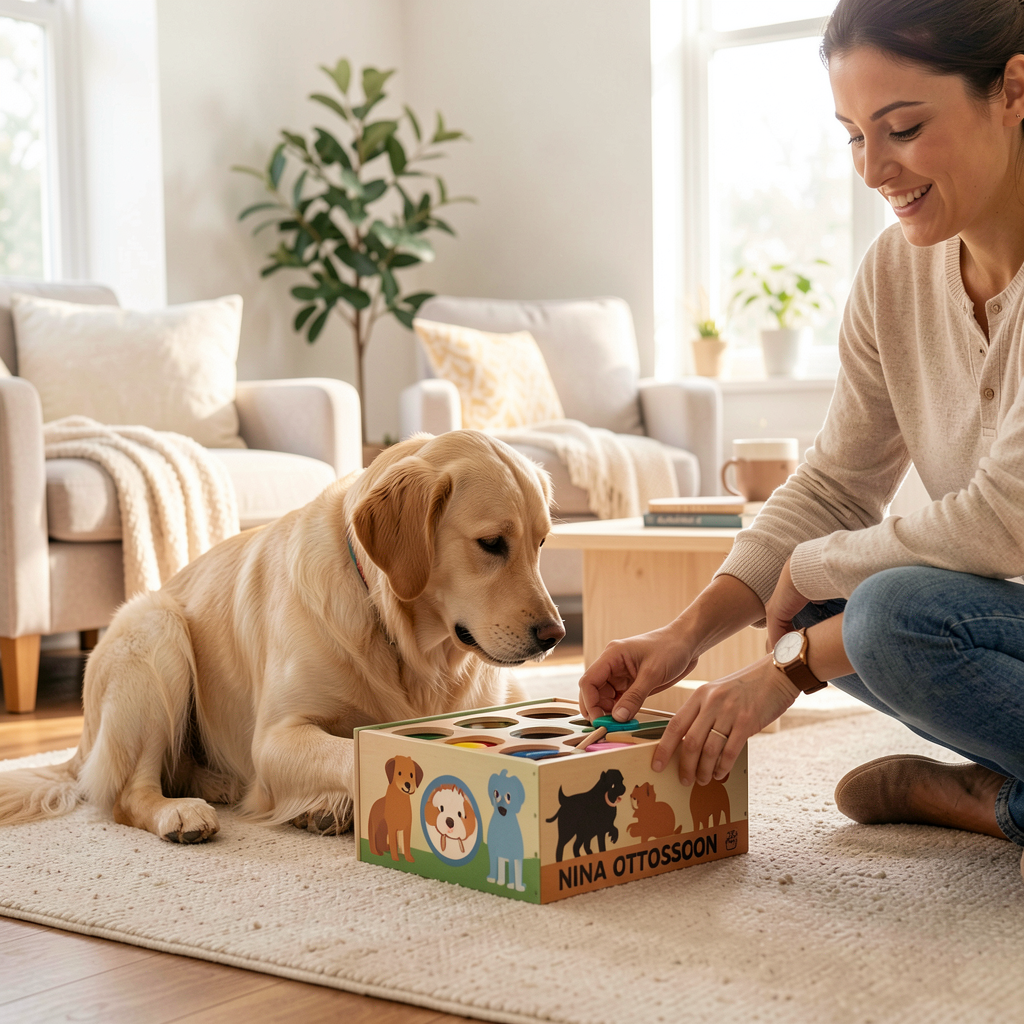 Dog puzzle indoors with owner