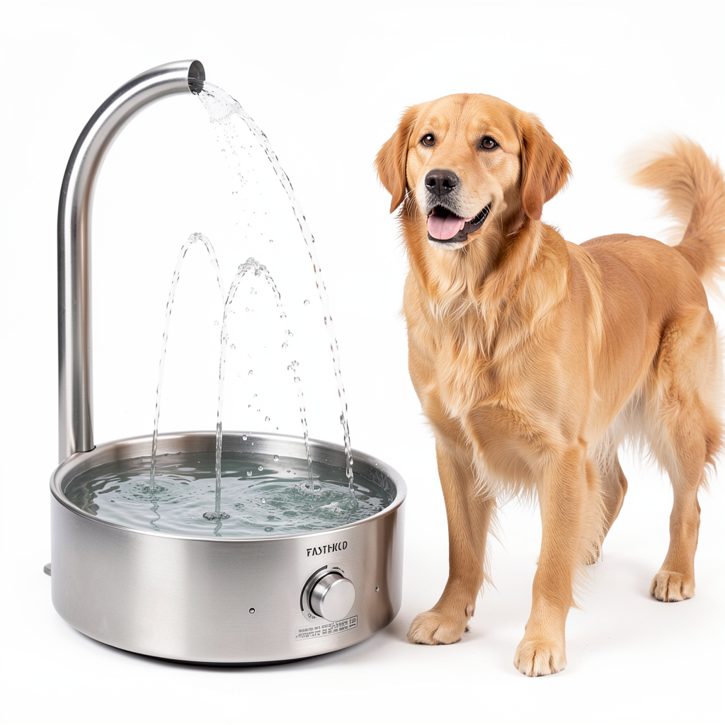 Golden retriever pressing a paw-activated fountain outdoors