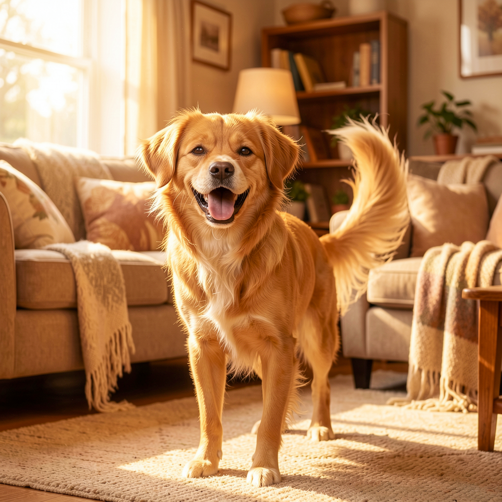 Happy dog in a cozy home