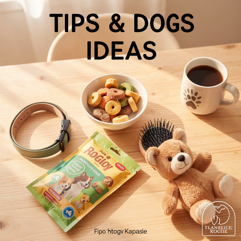 Dog products flat lay for tips and ideas card