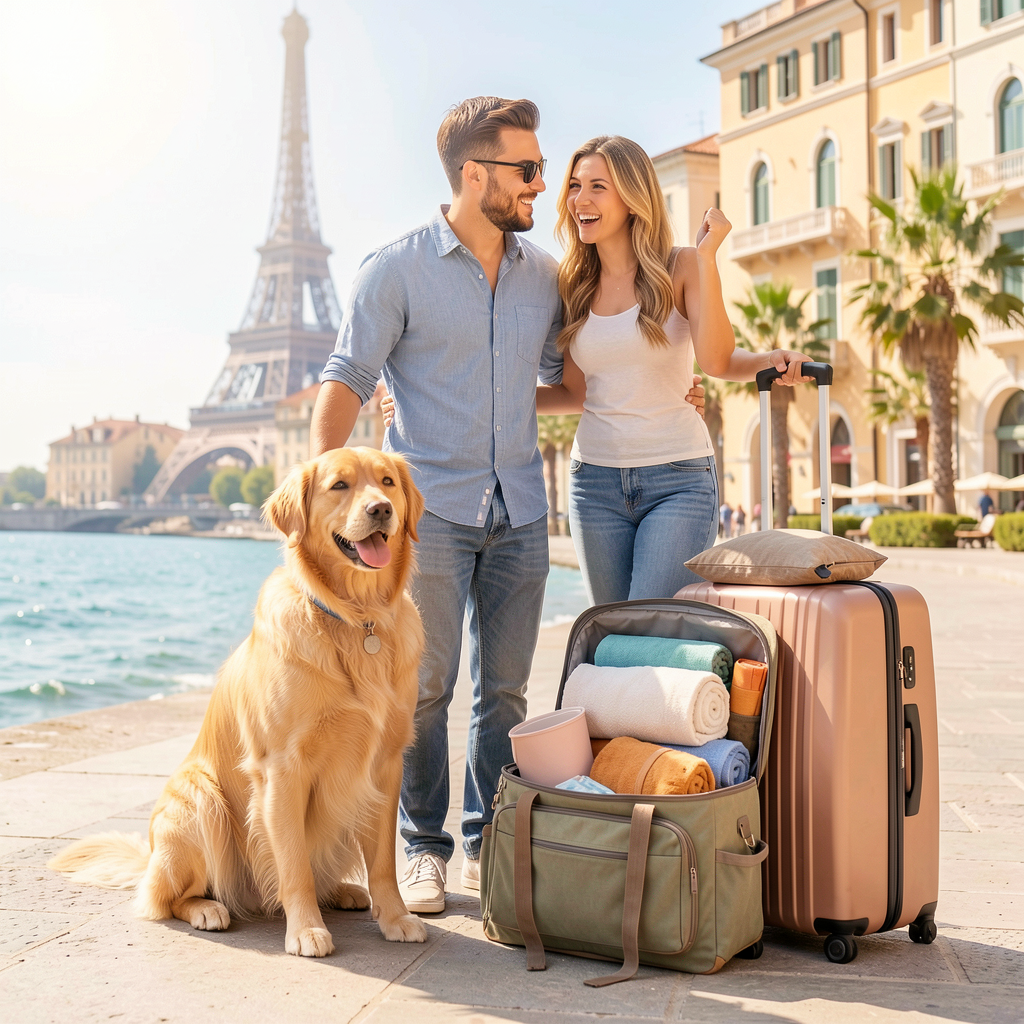 Happy dog and owner with travel bag in travel setting