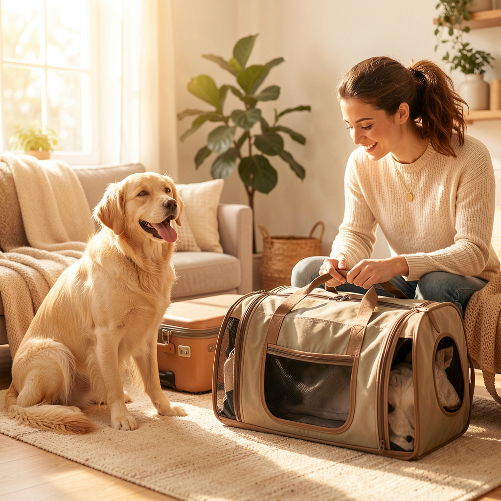 Happy dog and owner packing travel bag
