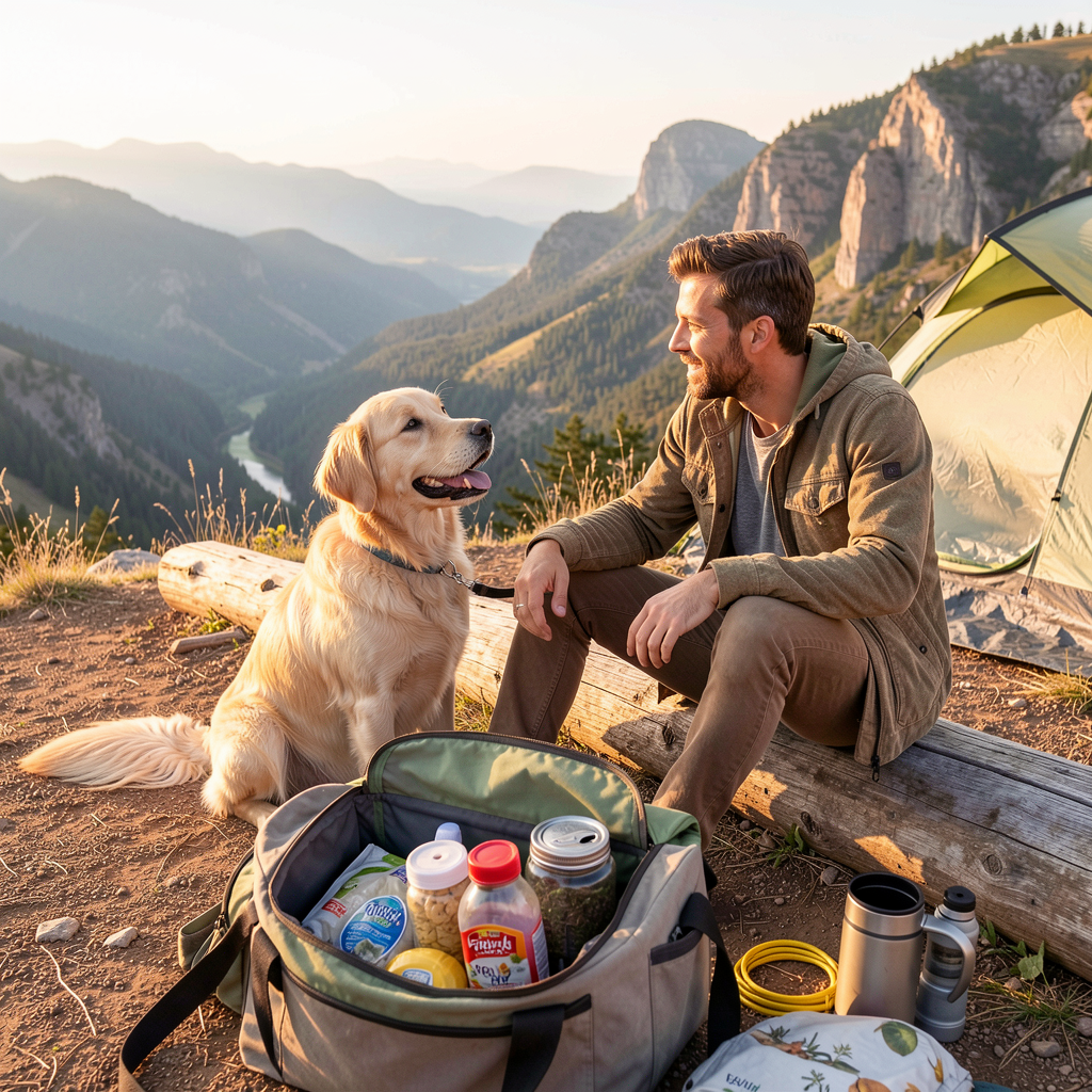 Dog and owner enjoying a weekend trip with organized travel bag