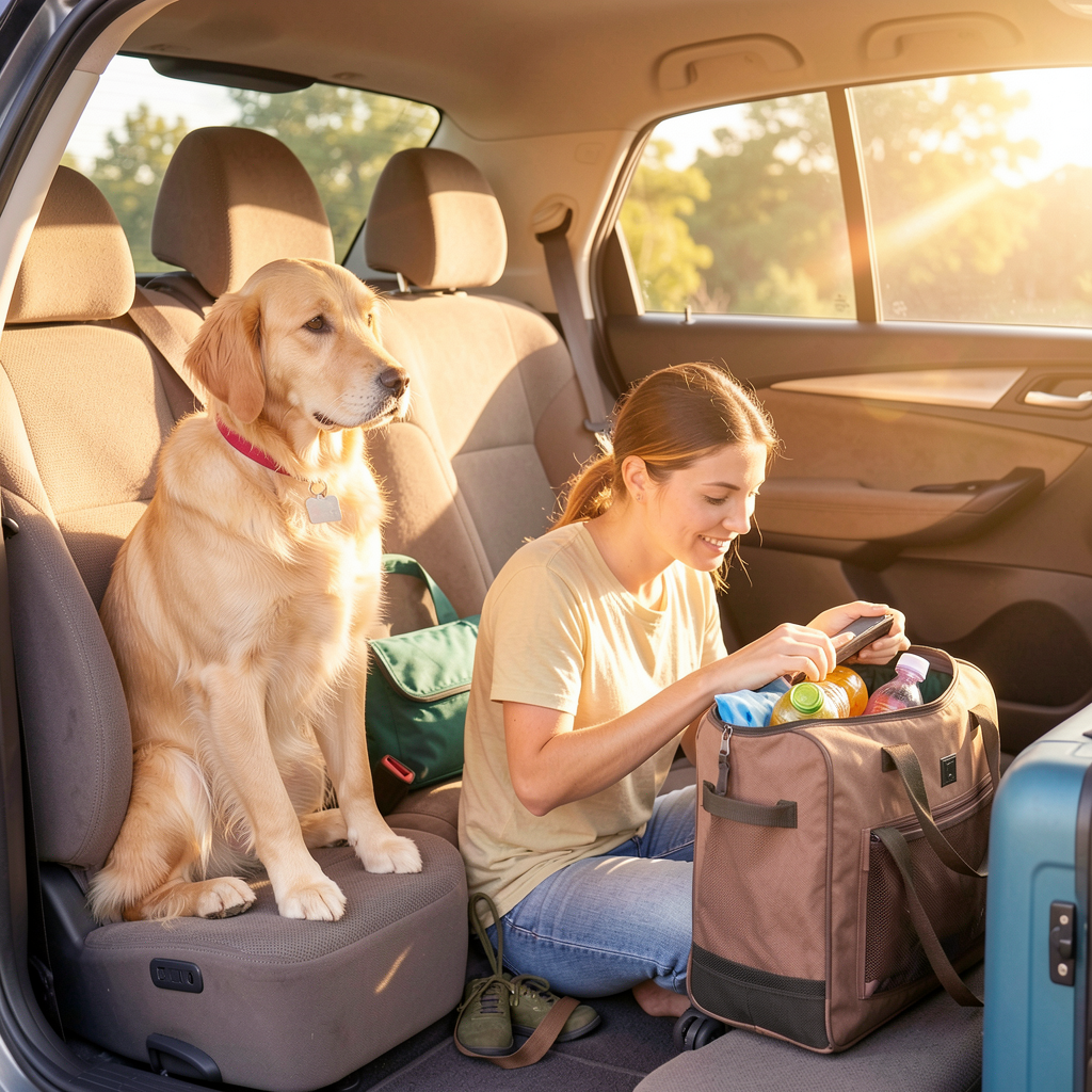 Owner packing travel bag with dog in a car