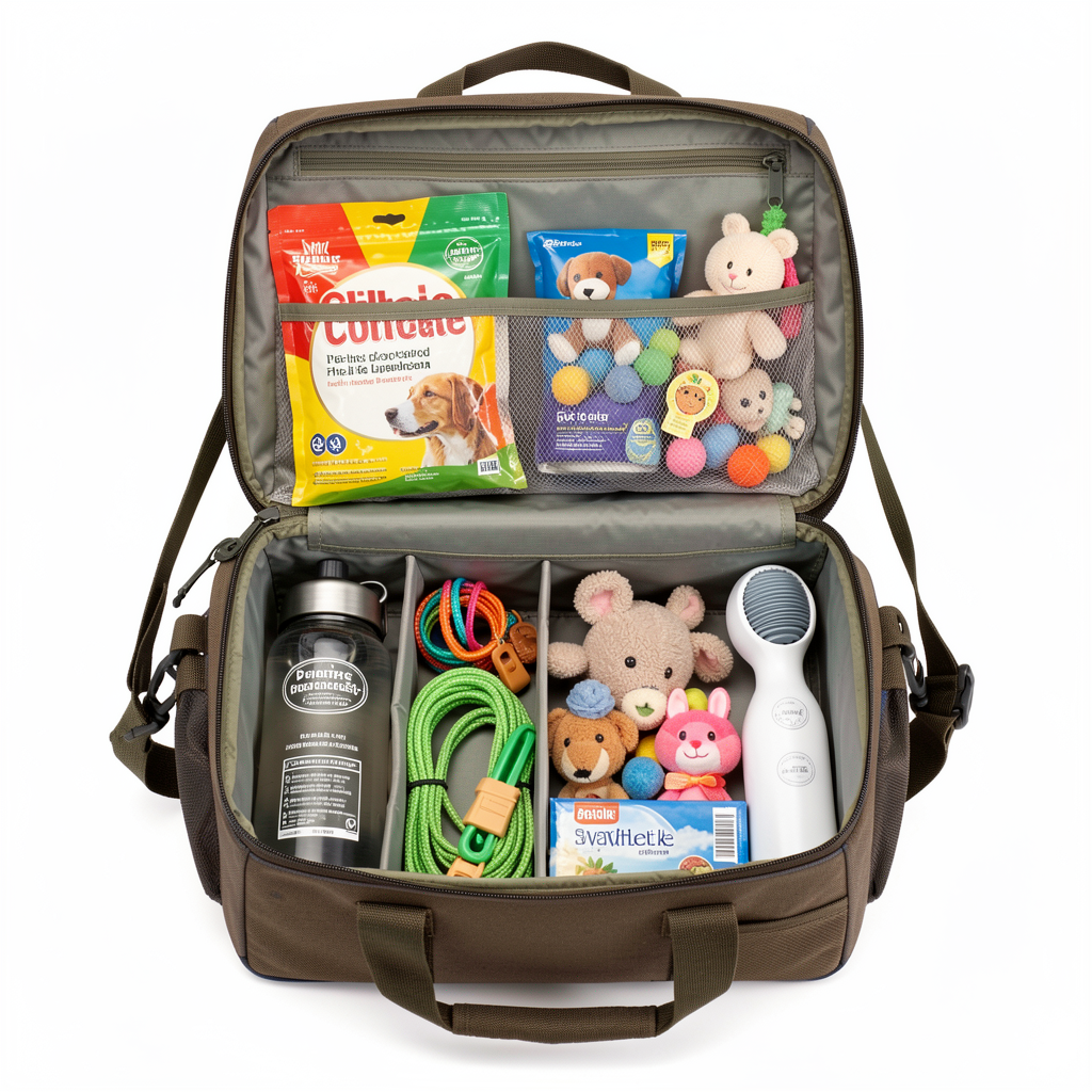 Open dog travel bag showing organized compartments and accessories