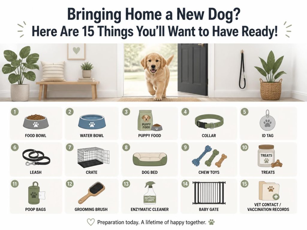 New dog owner essentials including a puppy bed, food bowls, leash, toys, grooming tools, and pet-care supplies