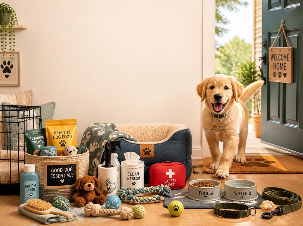 New dog owner essentials including a puppy bed, food bowls, leash, toys, grooming tools, and pet-care supplies
