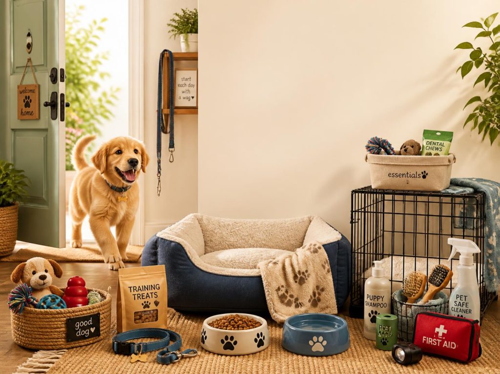 New dog owner essentials including a puppy bed, food bowls, leash, toys, grooming tools, and pet-care supplies