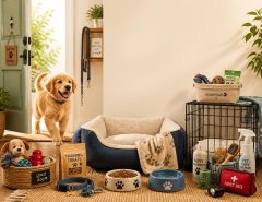 New dog owner essentials including a puppy bed, food bowls, leash, toys, grooming tools, and pet-care supplies