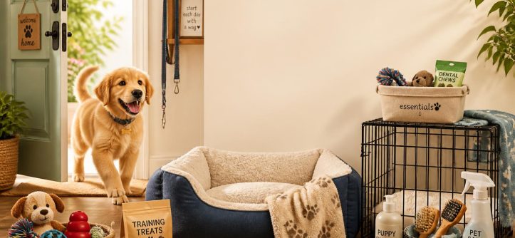 New dog owner essentials including a puppy bed, food bowls, leash, toys, grooming tools, and pet-care supplies